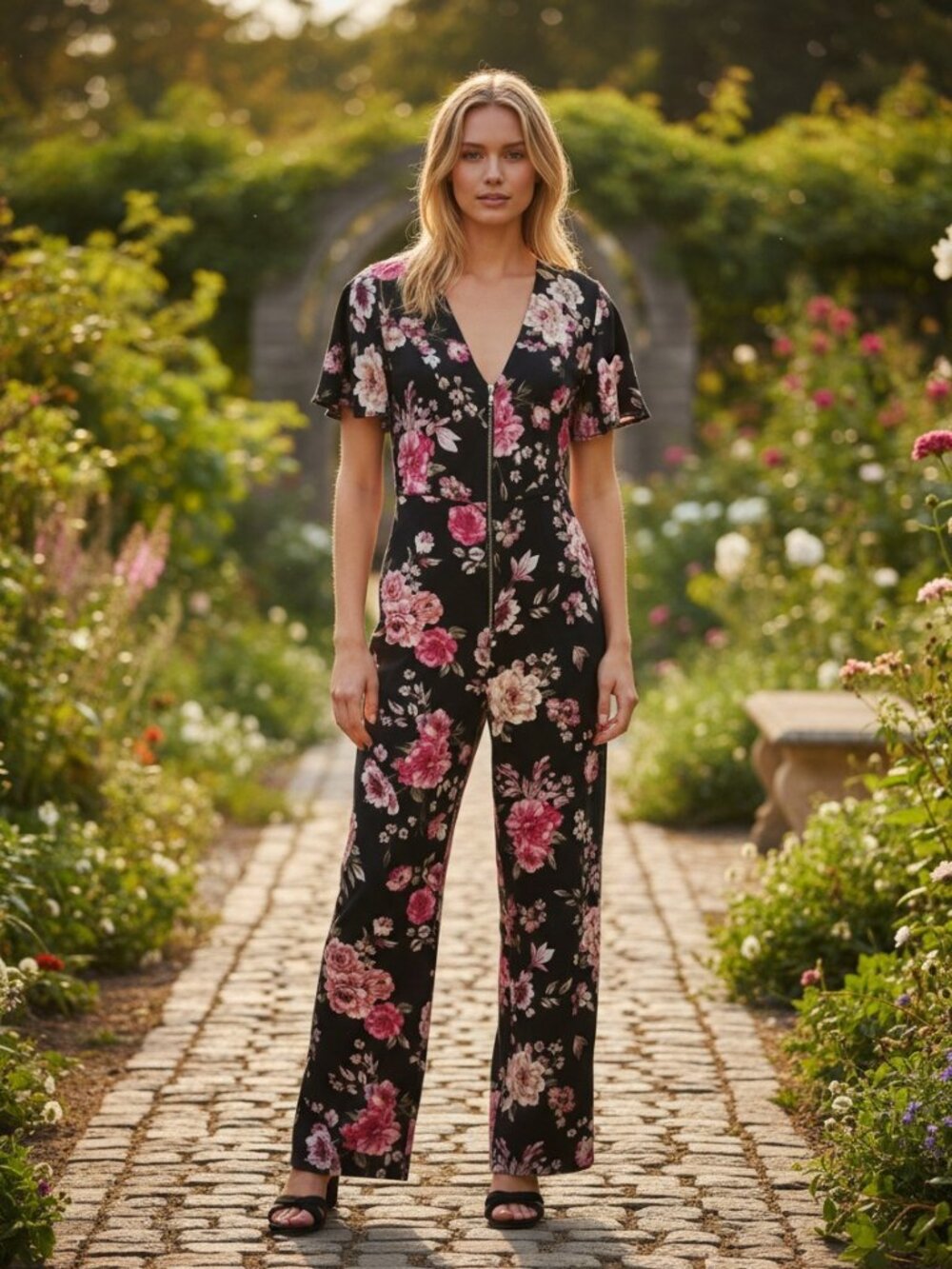 Bailey Blue Jumpsuit Bloomcore Floral Black Pink Wide Leg Medium NWT